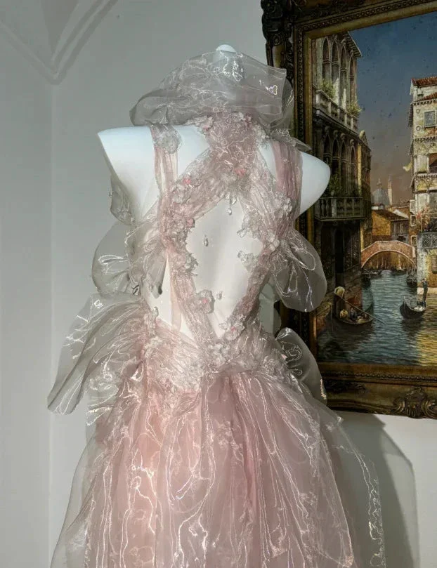 Fairy Pink Tulle Beaded Prom Dress Long Backless Evening Dress Y8564 - Image 6