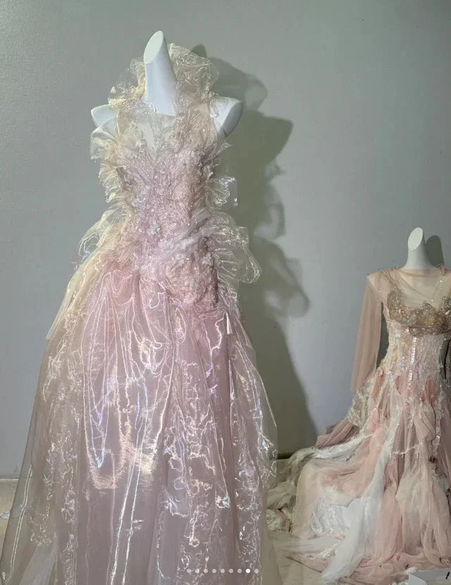 Fairy Pink Tulle Beaded Prom Dress Long Backless Evening Dress Y8564 - Image 8