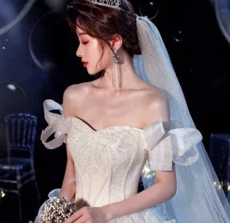 Fairy Romantic Off Shoulder White Wedding Dress Sweep Train Y6878 - Image 2
