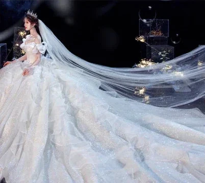 Fairy Romantic Off Shoulder White Wedding Dress Sweep Train Y6878 - Image 3