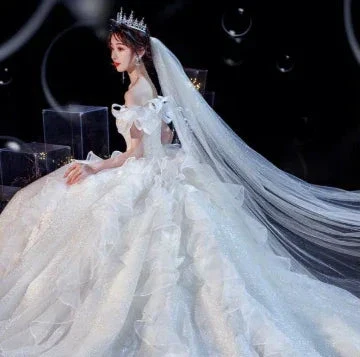 Fairy Romantic Off Shoulder White Wedding Dress Sweep Train Y6878 - Image 4