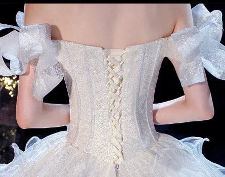 Fairy Romantic Off Shoulder White Wedding Dress Sweep Train Y6878 - Image 5