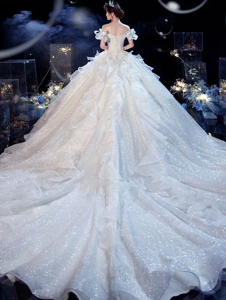 Fairy Romantic Off Shoulder White Wedding Dress Sweep Train Y6878 - Image 6