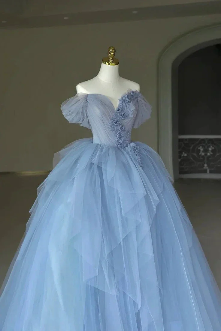 Fairy Tulle Appliques Prom Dress Blue Ball Gown Birthday Dress Y7682 - Image 2