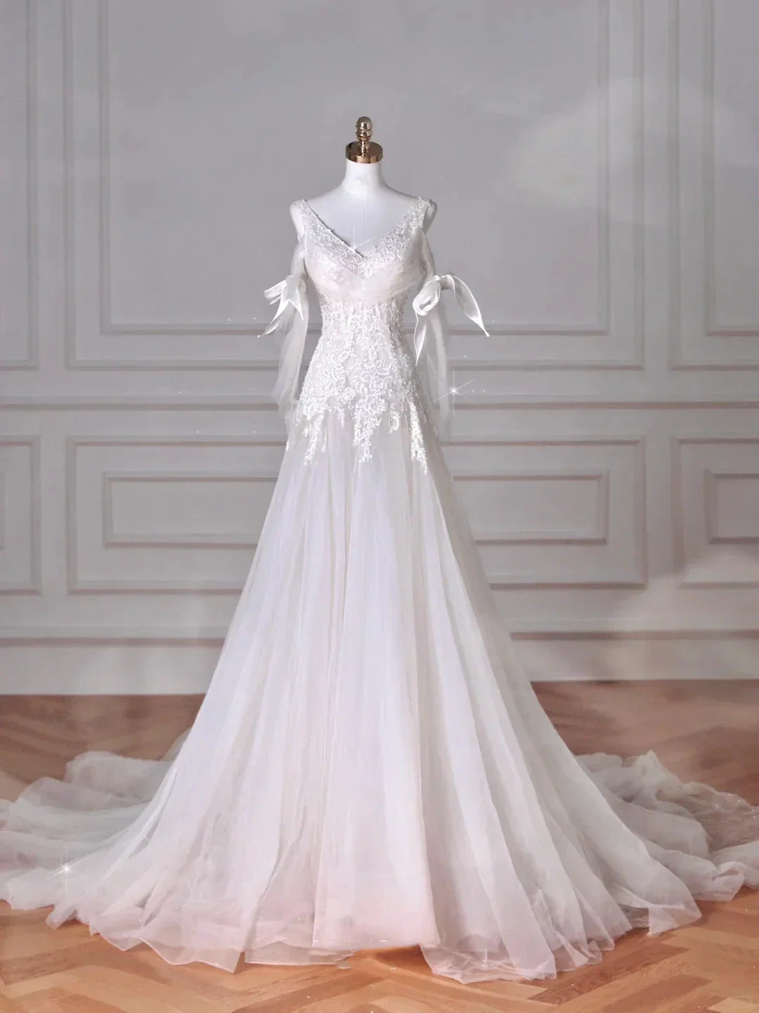 Fairy White V Neck Tulle Lace Appliques Mermaid Evening Dress,Long Wedding Dress Y8636 - Image 4