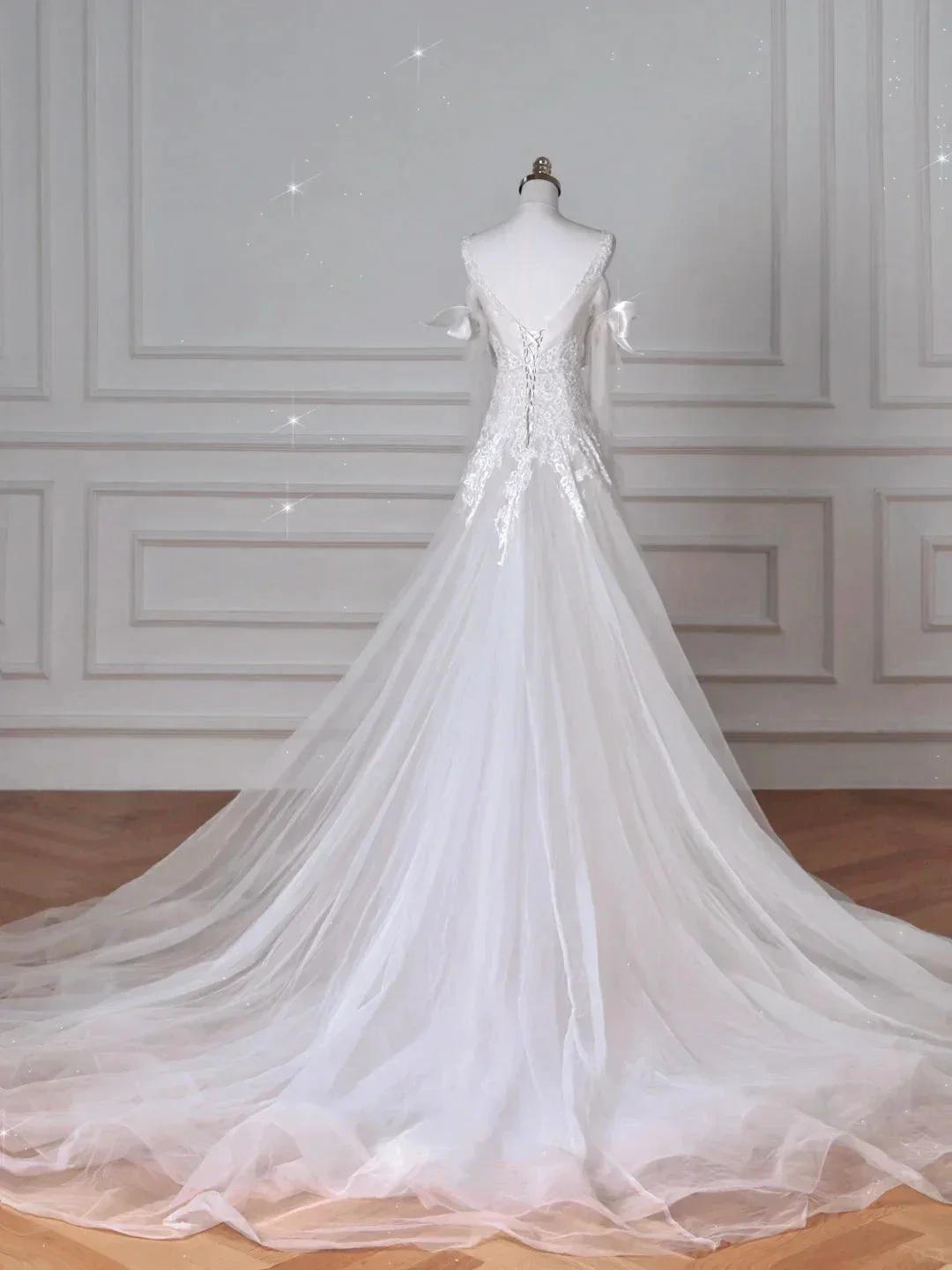 Fairy White V Neck Tulle Lace Appliques Mermaid Evening Dress,Long Wedding Dress Y8636 - Image 5