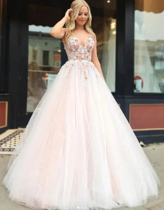 Fascinating Long A-line V-neck Appliques Lace Tulle Backless Prom Dress - Image 2