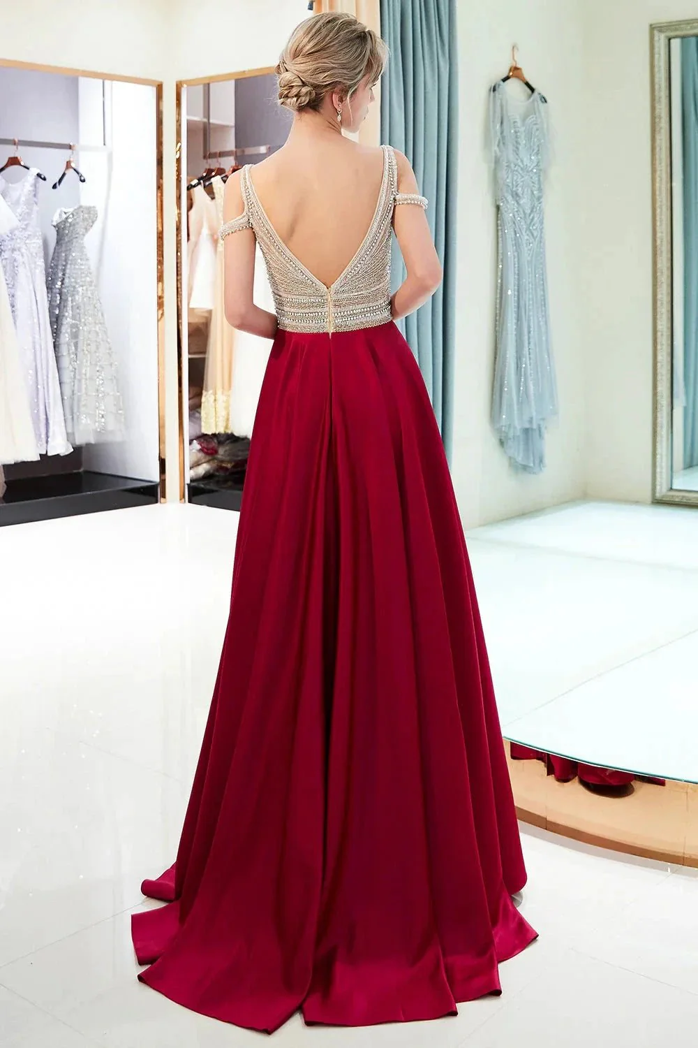 Fascinating Long A-line V-neck Beaded Stretch Satin Evening Dresses - Image 2