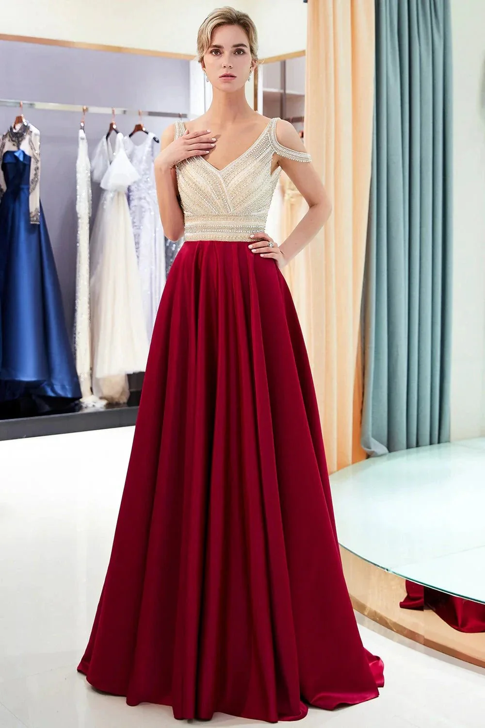 Fascinating Long A-line V-neck Beaded Stretch Satin Evening Dresses - Image 4