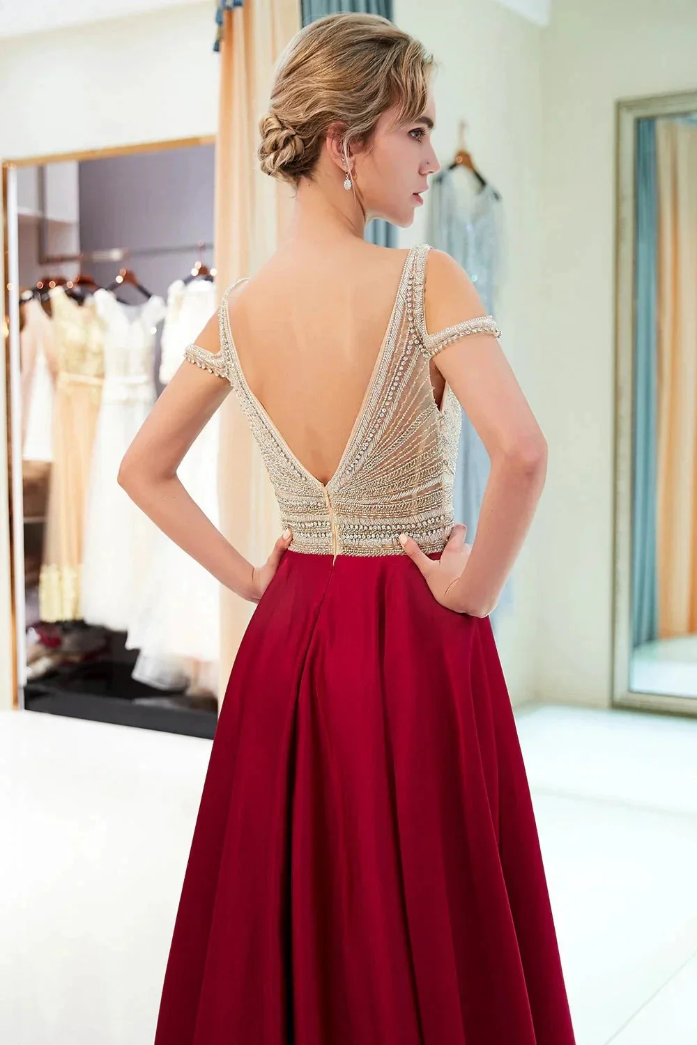 Fascinating Long A-line V-neck Beaded Stretch Satin Evening Dresses - Image 6