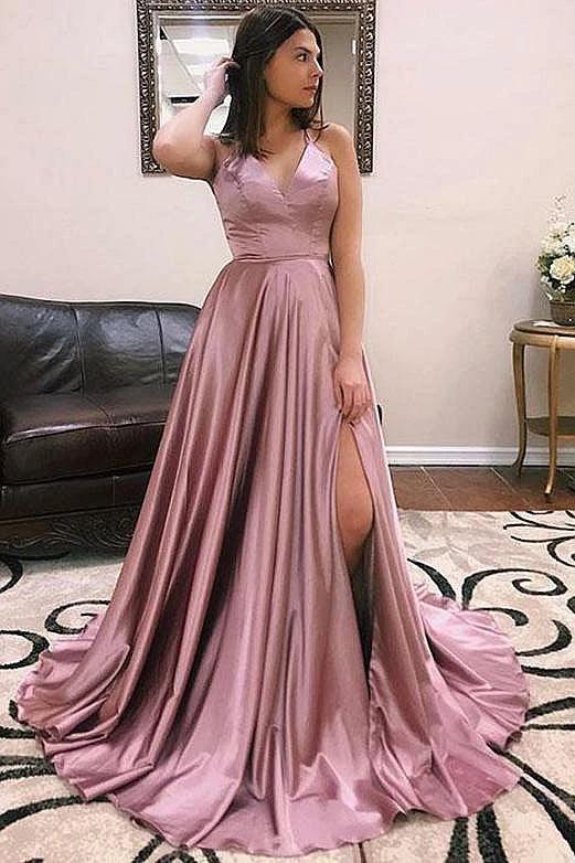 Fascinating Long A-line V-neck Satin Open Back Prom Dress with Front Slit - Image 2