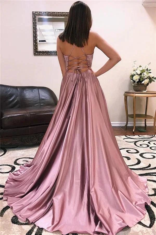 Fascinating Long A-line V-neck Satin Open Back Prom Dress with Front Slit - Image 3