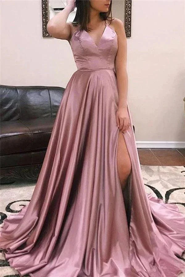 Fascinating Long A-line V-neck Satin Open Back Prom Dress with Front Slit - Image 4
