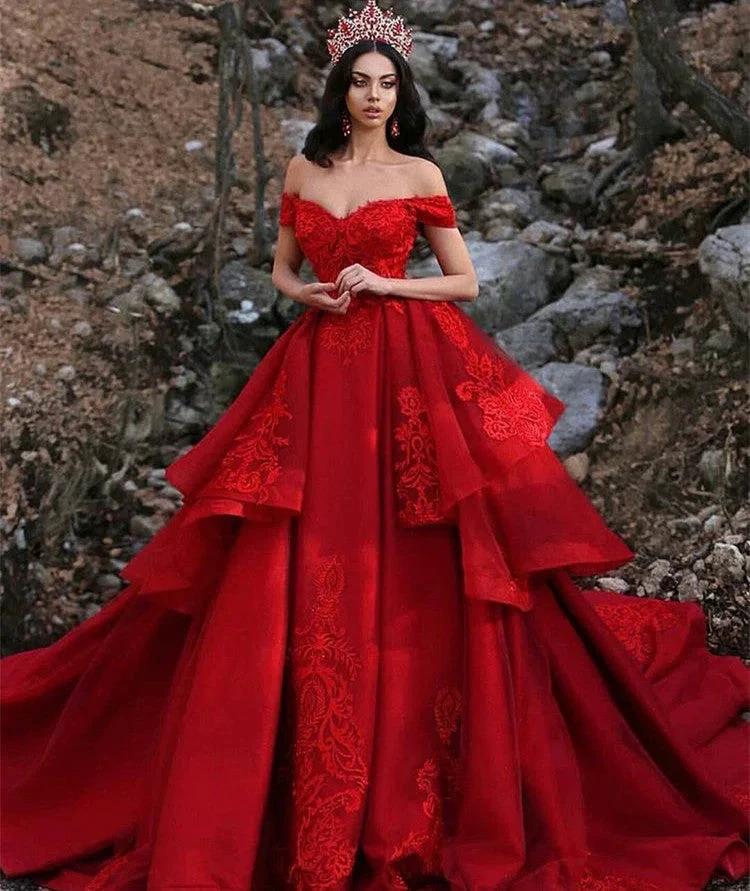 Long Ball Gown Off the Shoulder Satin Lace Red Prom Dress - Image 2