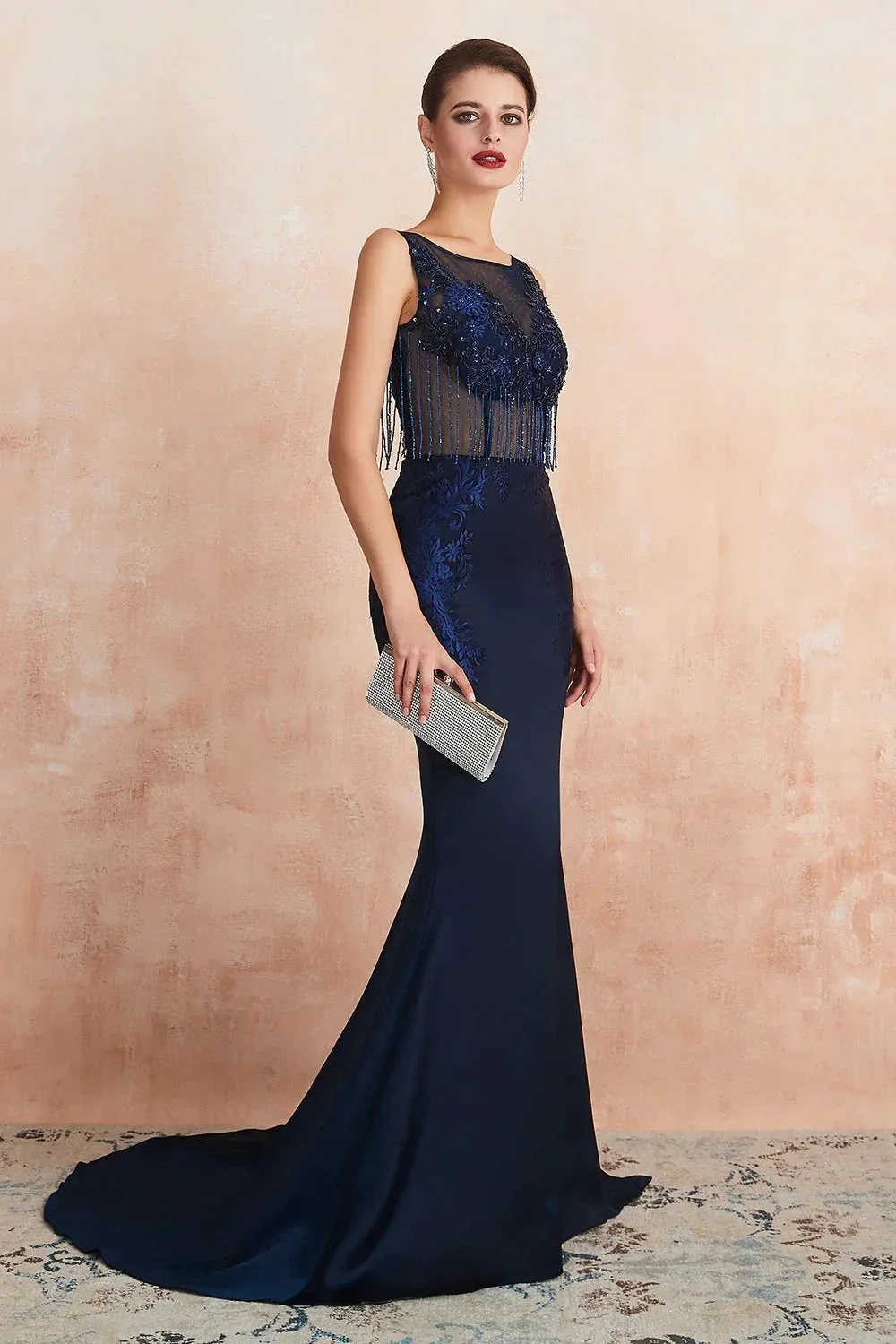 Fascinating Long Mermaid Jewel Satin Evening Dress - Image 3