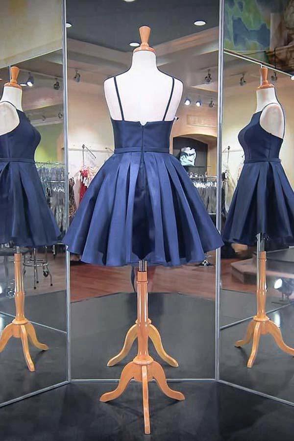 Fashion 2023 Navy Blue Spaghetti Straps Satin Homecoming Dresses PD040 - Image 2