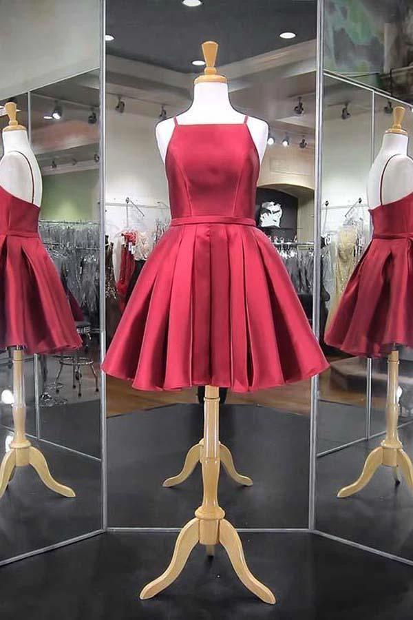 Fashion 2023 Navy Blue Spaghetti Straps Satin Homecoming Dresses PD040 - Image 3