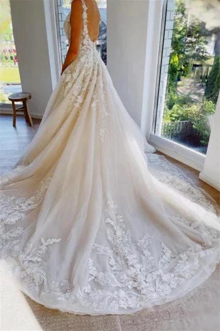 Fashion Backless A-Line V-neck Sleeveless Wedding Dresses With Lace - Image 2