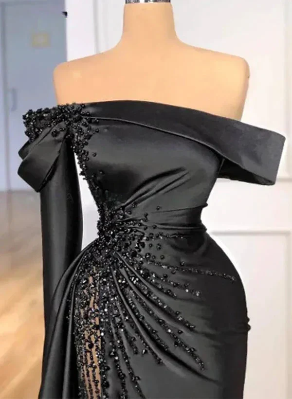 Fashion Black Beaded Satin Sheath Prom Dress Off The Shoulder Long Evening Dress Y8030 - Image 2