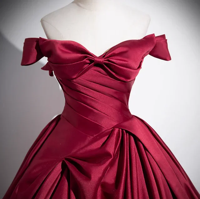 Fashion Burgundy Satin Pleats Prom Dress A Line Elegant Ball Gown Y7661 - Image 2