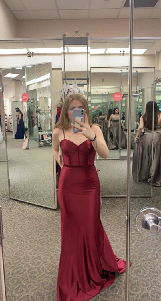 Fashion Burgundy Spaghetti Straps Mermaid Evening Dress Burgundy Prom Gown Y6430 - Image 2
