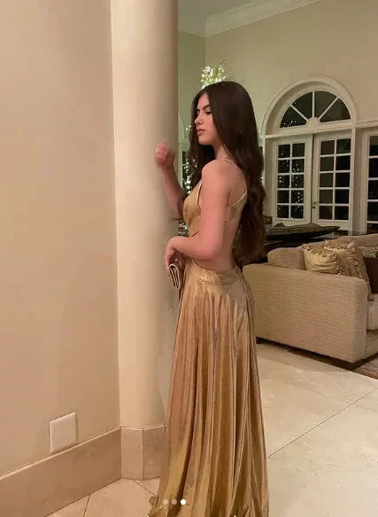 Fashion Gold Deep V Neck Long A Line Prom Evening Dress Y7943 - Image 2