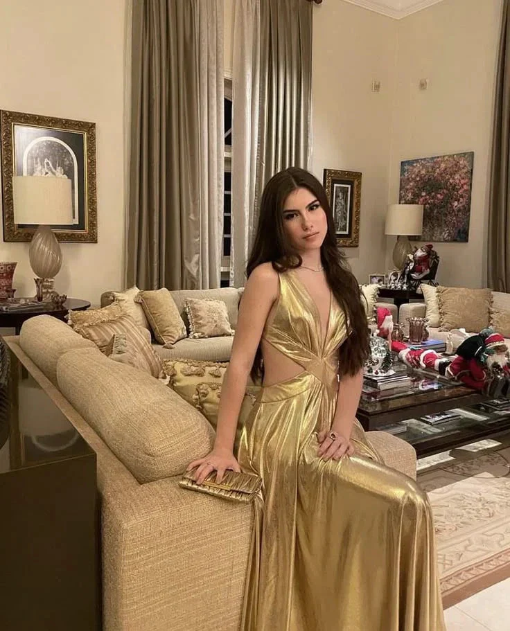Fashion Gold Deep V Neck Long A Line Prom Evening Dress Y7943 - Image 3