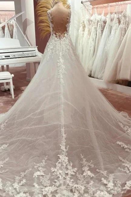 Fashion Long A-line V-neck Lace Tulle Wedding Dress with Train - Image 2