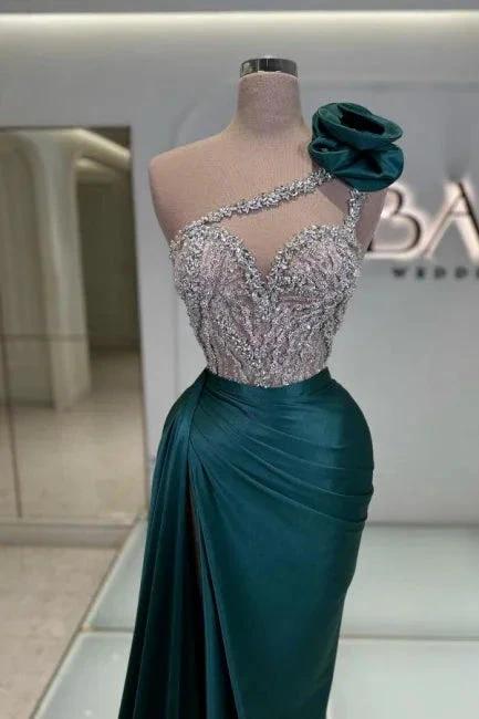 Fashion Long Dark Green One Shoulder Jewel Sleeveless Prom Dress - Image 2