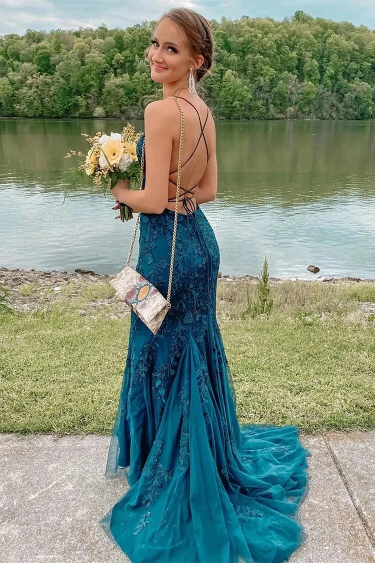 Fashion Long Mermaid Lace Backless Prom Dress Modest Formal Evening Dresses - Image 2