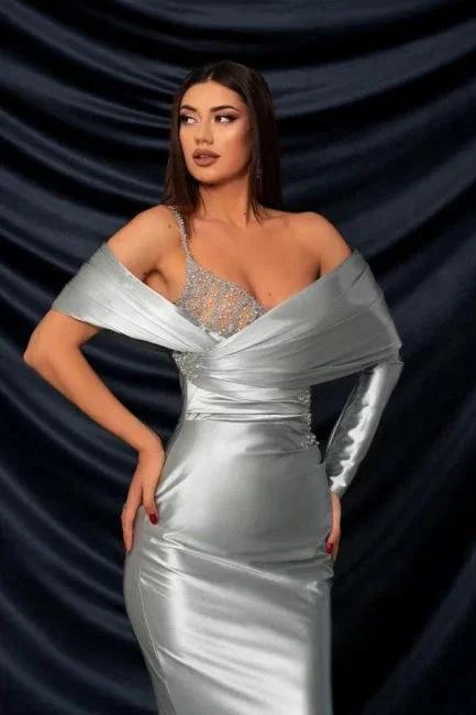 Fashion Long Silver Mermaid Off-the-shoulder Lace Prom Dress With Long Sleeve - Image 2