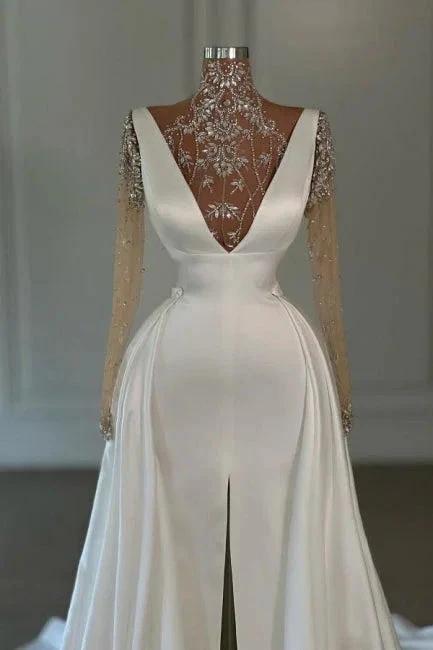 Fashion Long White A-line High Neck Lace Glitter Split Front Prom Dresses with Long Sleeves - Image 2
