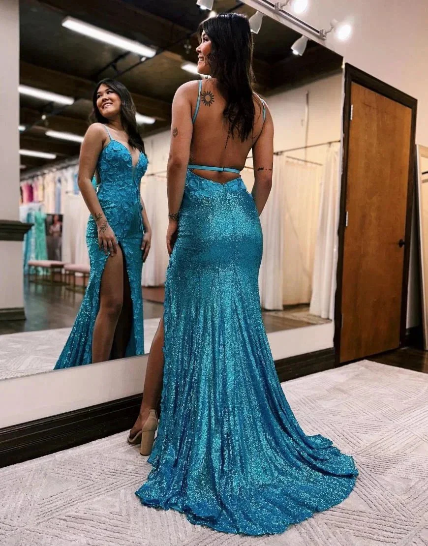 Miracle |Mermaid V Neck Sequins Prom Dress with Slit - Image 2