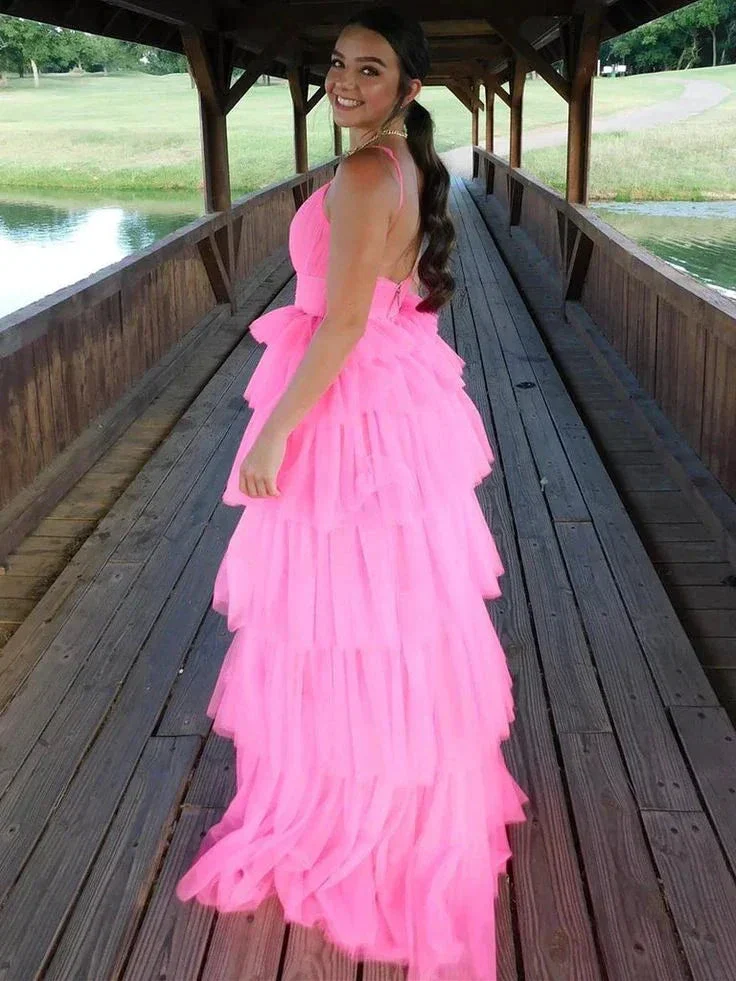 Fashion Open Back Layered Pink Long Prom Dresses Pink Formal Graduation Evening Dresses Y4954 - Image 2