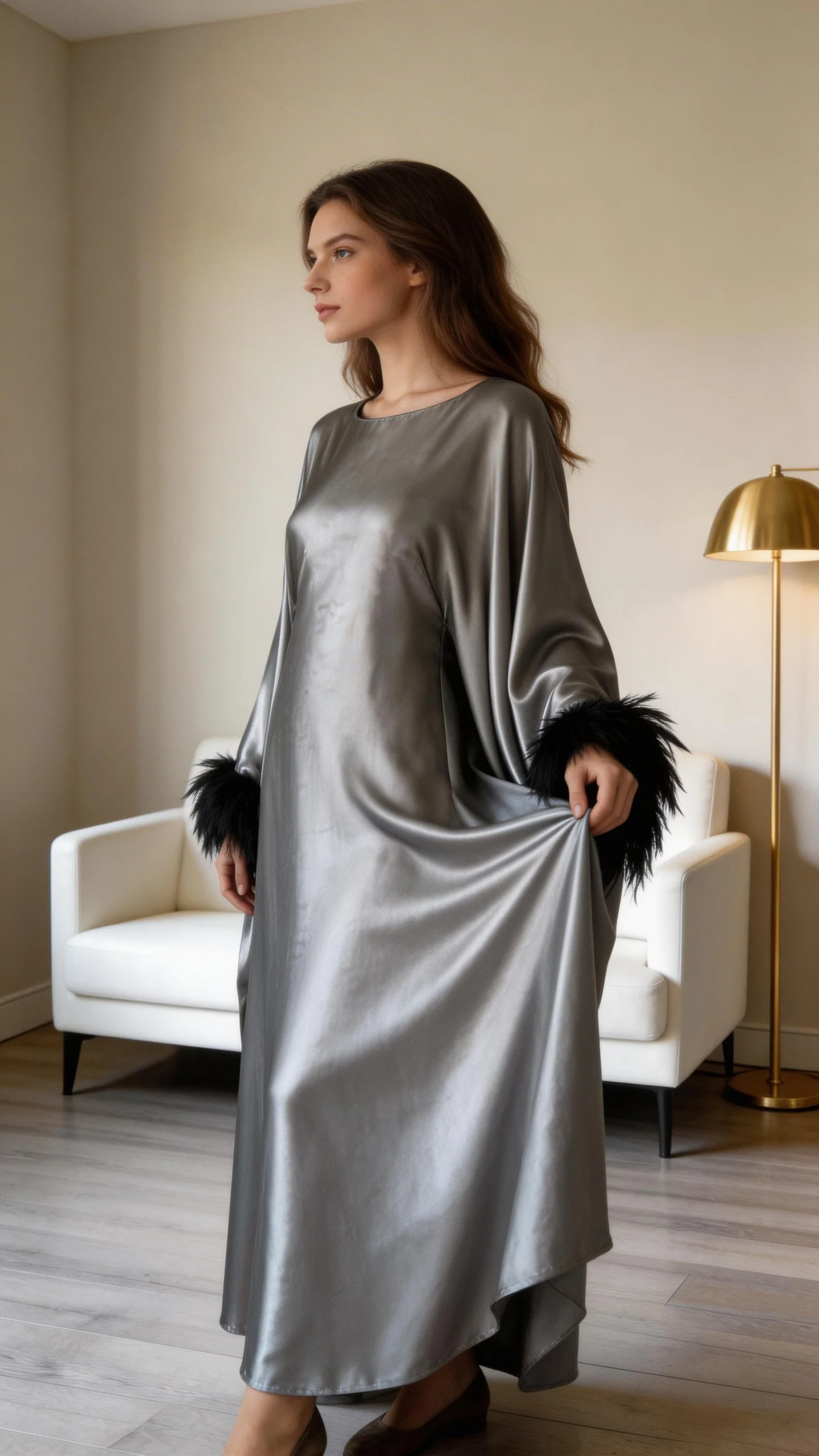 Fashion Satin Long Formal Evening Dress Long Sleeves Prom Dress With Feathers Y7571 - Image 2
