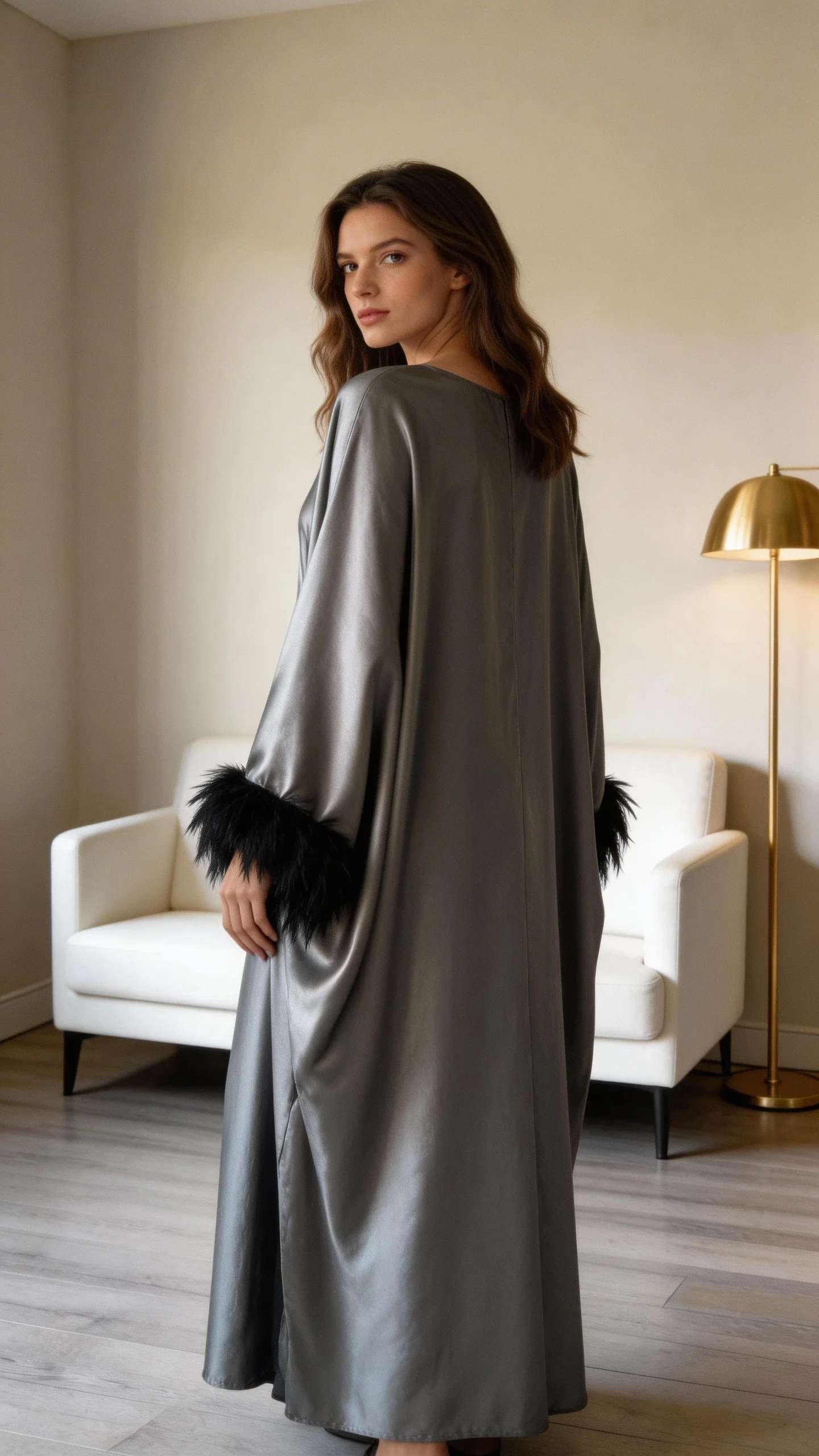 Fashion Satin Long Formal Evening Dress Long Sleeves Prom Dress With Feathers Y7571 - Image 4