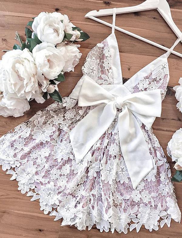 Fashion Short A-Line V-neck Lace Prom Dress with Bowknot - Image 3