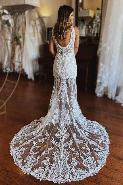 Fashion Spaghetti Straps Lace Mermaid Wedding Gowns With Slit - Image 2