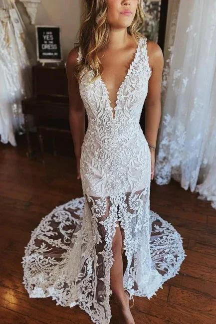 Fashion Spaghetti Straps Lace Mermaid Wedding Gowns With Slit - Image 3