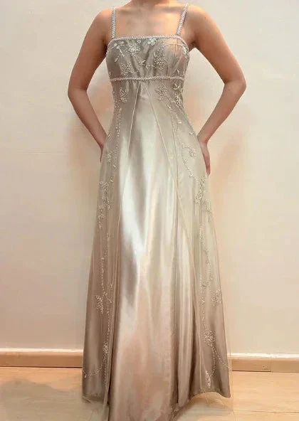 Fashion Spaghetti Straps Satin Tulle Beaded Prom Dress A Line Party Evening Gown Y8139 - Image 2