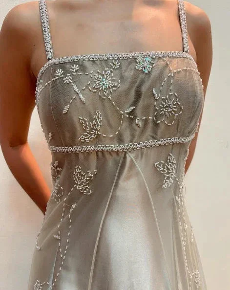 Fashion Spaghetti Straps Satin Tulle Beaded Prom Dress A Line Party Evening Gown Y8139 - Image 3