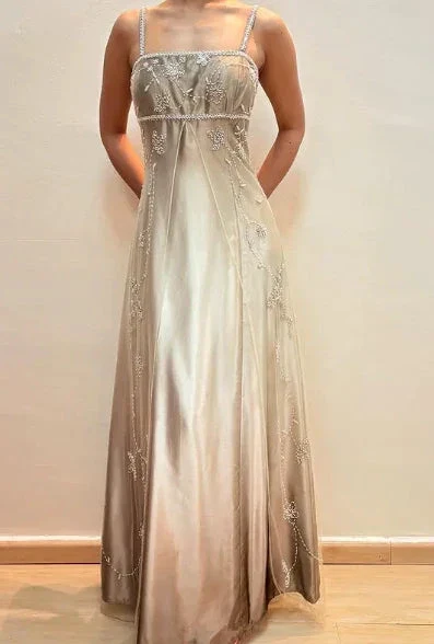 Fashion Spaghetti Straps Satin Tulle Beaded Prom Dress A Line Party Evening Gown Y8139 - Image 5