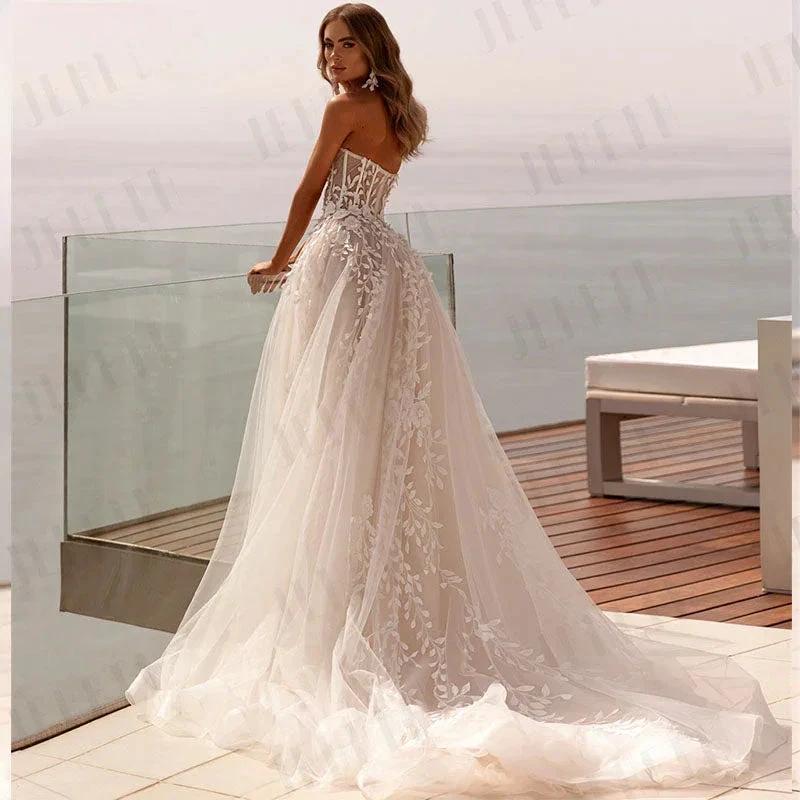 Fashion Strapless 3D Flower Lace Applique Wedding Dresses Sweep Train Custom Bridal Grown Vestido De Noival - Image 2