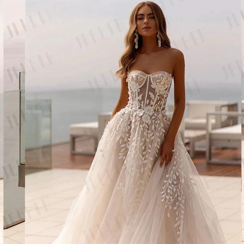 Fashion Strapless 3D Flower Lace Applique Wedding Dresses Sweep Train Custom Bridal Grown Vestido De Noival - Image 3