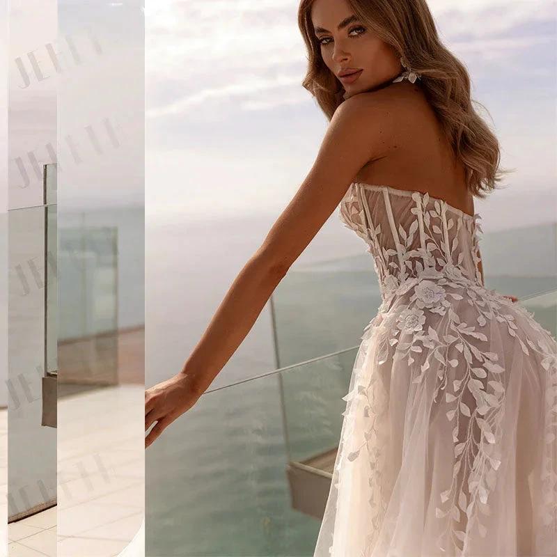Fashion Strapless 3D Flower Lace Applique Wedding Dresses Sweep Train Custom Bridal Grown Vestido De Noival - Image 4