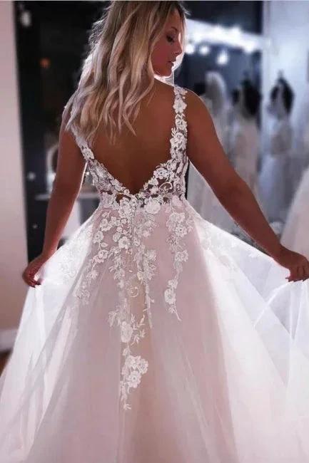 Fashion Straps A-Line Backless V-neck Wedding Dress With Lace - Image 2