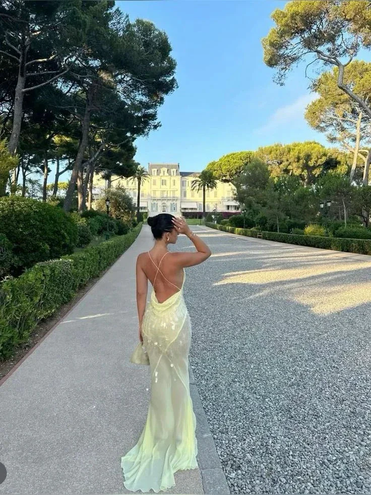 Fashion V Neck Mermaid Evening Dress Yellow Chiffon Sequins Prom Dress Y7892 - Image 2