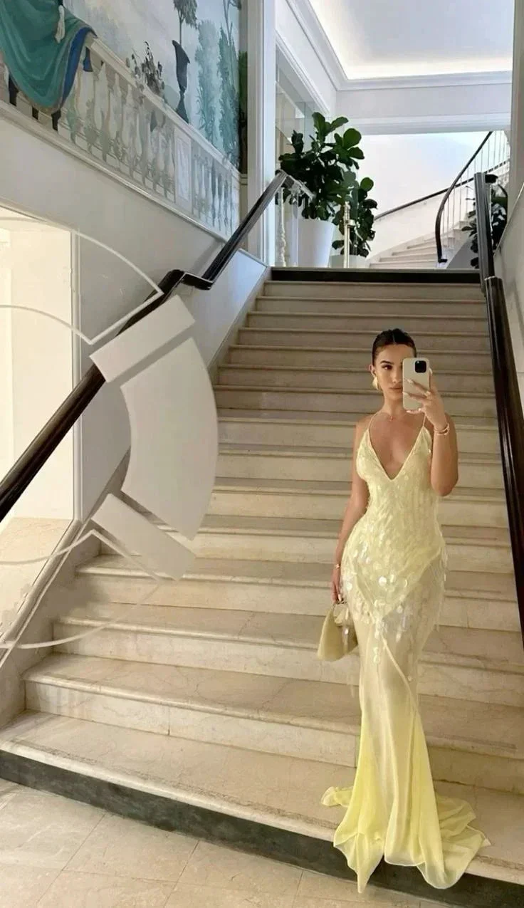 Fashion V Neck Mermaid Evening Dress Yellow Chiffon Sequins Prom Dress Y7892 - Image 5