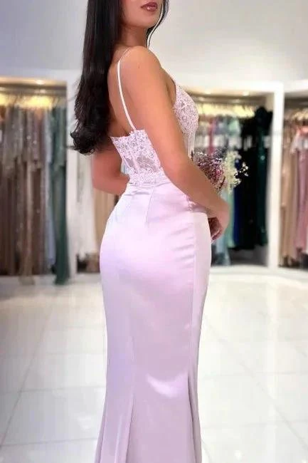 Fashionable Floor Length Mermaid Spaghetti Straps Lace Prom Dress with Slit - Image 5