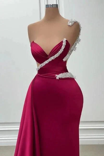 Fashionable Long Burgundy Mermaid One Shoulder Beading Satin Prom Dress - Image 2